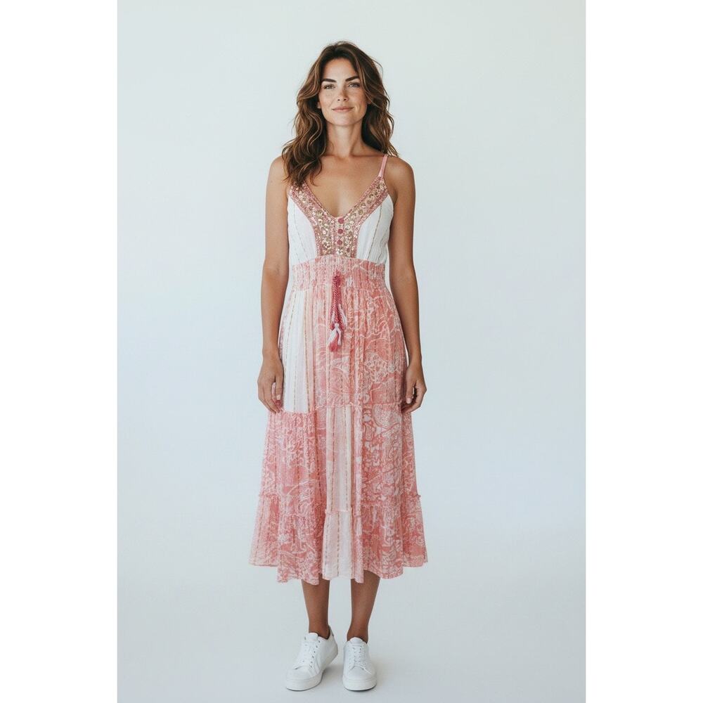 Me 2 Magic Sequin Embroidered Coral Pink Sleeveless Bohemian Maxi Dress Size M